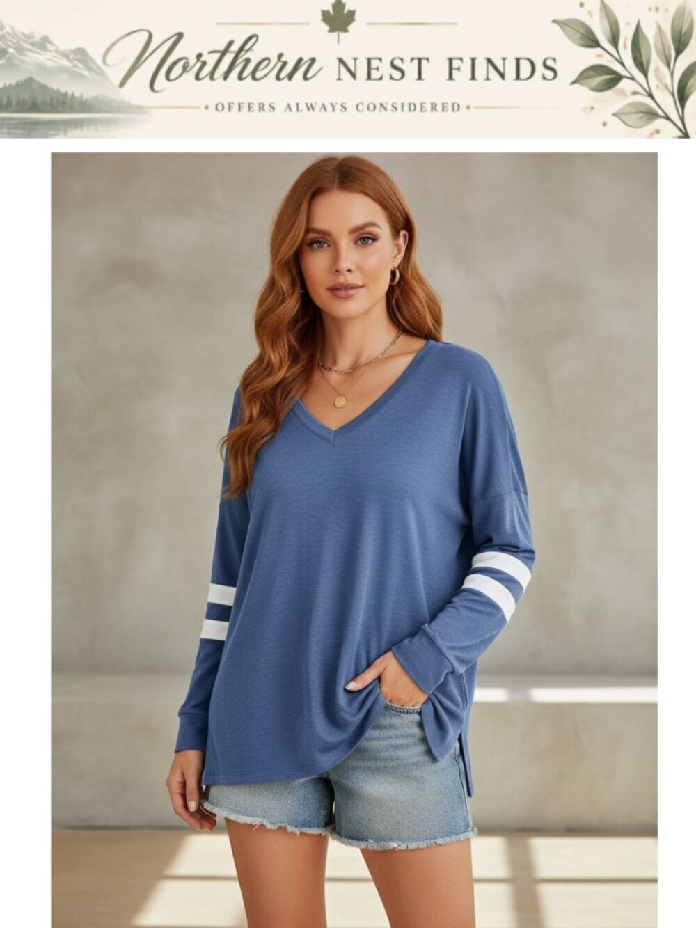 Plus Size V-Neck Long Sleeve Striped Tunic Top Loose Fit Casual